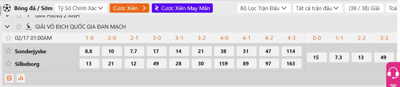 Tỷ lệ tỷ số chính xác Sonderjyske vs Silkeborg