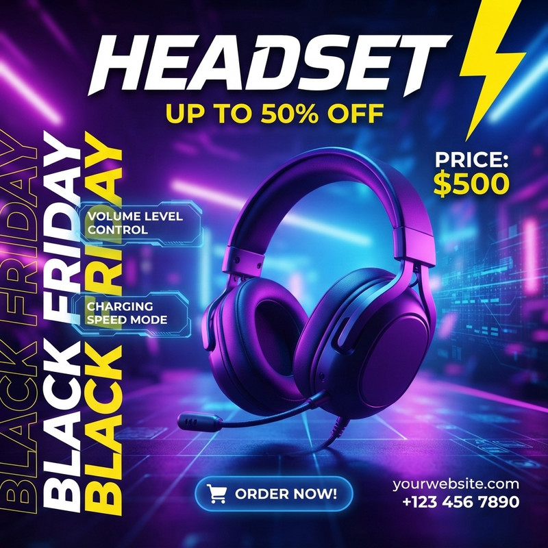 AI-generated example result for the marketing prompt: Black Friday Gaming Headset Ad by PromptCraft