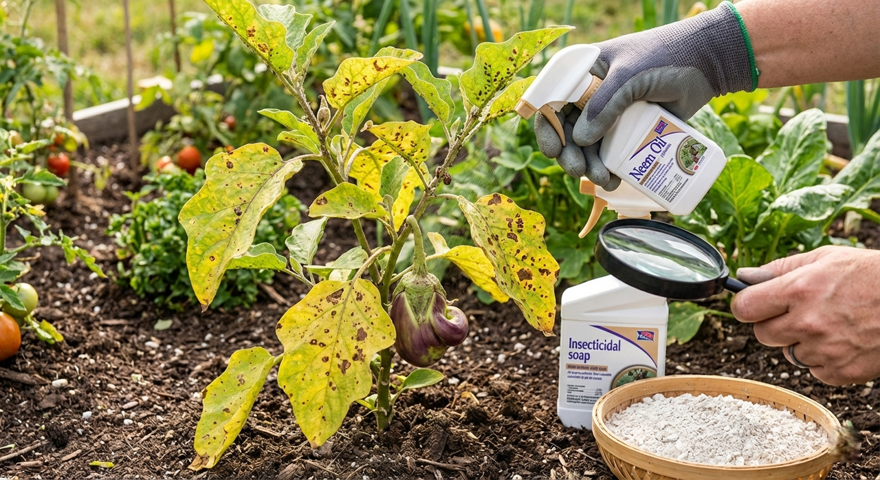 Brinjal pest control method with neem and preventive care