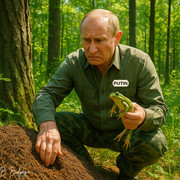 Putin squats before an anthill, secretly burying a frog inside it, looking disgusted.