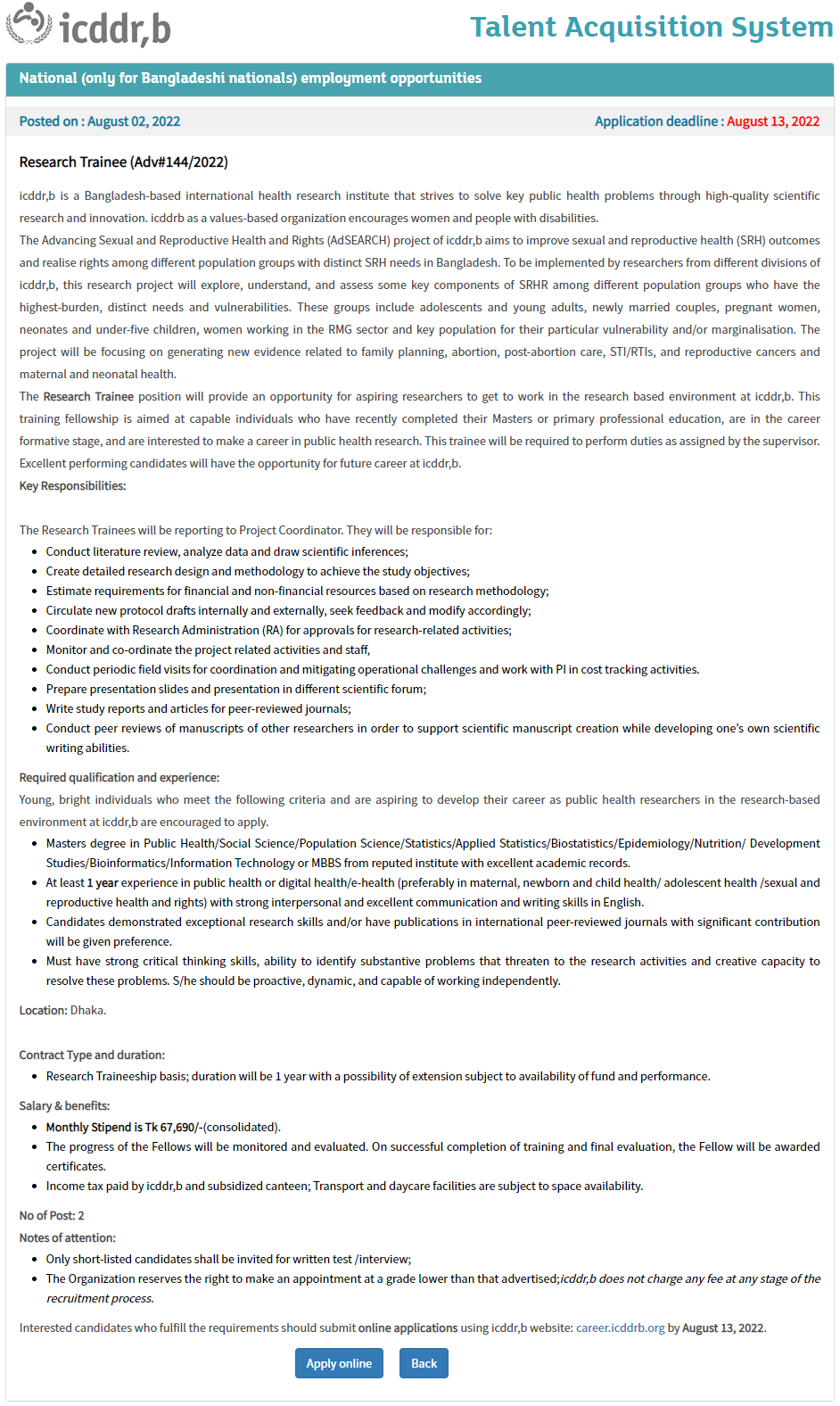International Centre For Diarrhoeal Disease Research Bangladesh Job Circular 2022 Picture