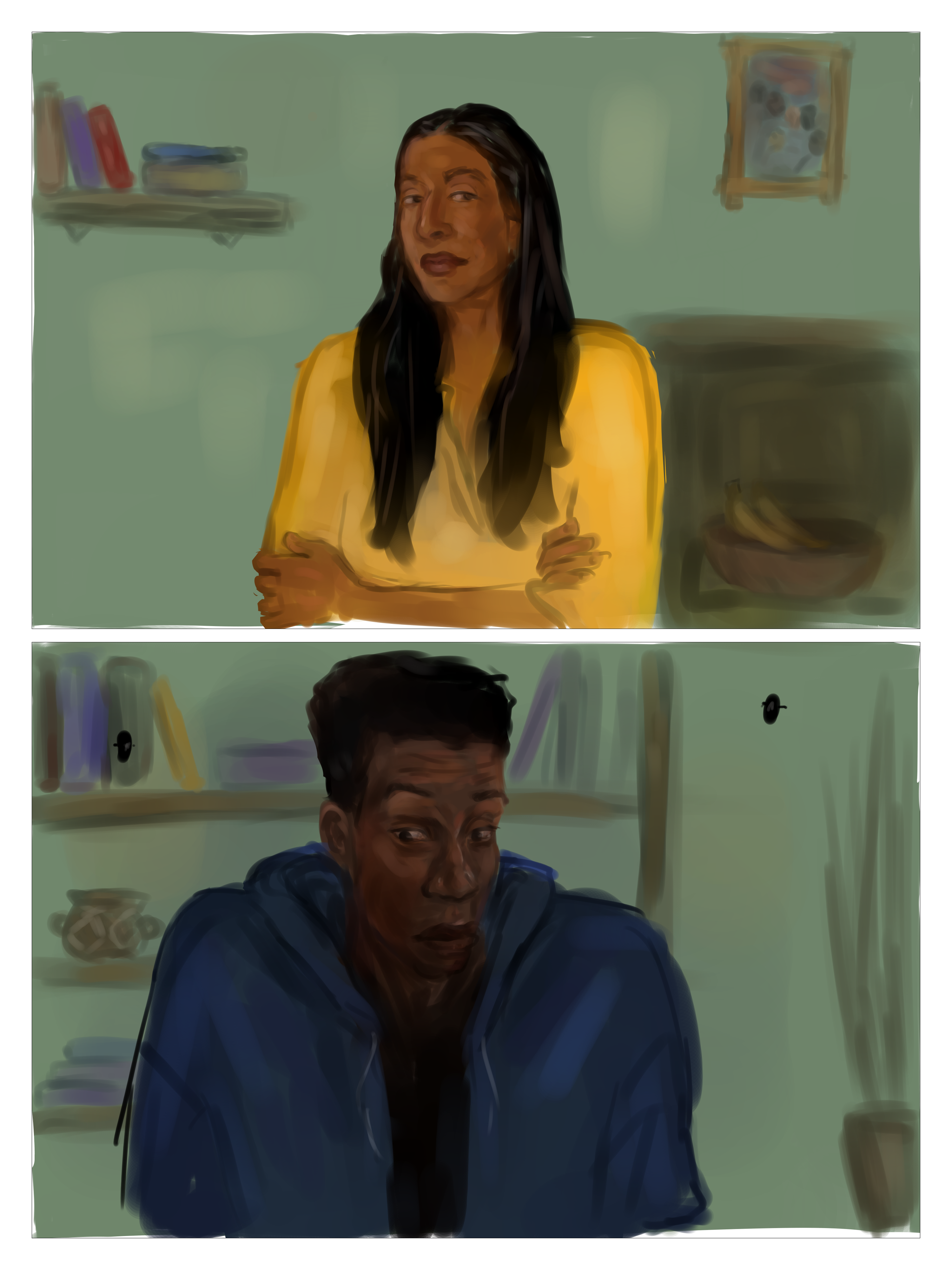 Art by homosekularnost featuring two panels, one with Dr. Bharadwaj and one with Murderbot. Dr. Bharadwaj is a brown-skinned woman with long, straight dark hair. She is wearing yellow and has her arms lightly crossed. Behind her is a bowl of fruit on a shelf, some books on a different shelf, and a framed photo on the wall. Murderbot is a dark-skinned person with short, dark curly hair. It is wearing a blue hoodie and a black shirt, and is shrugging. Two of its drones are floating around its head. Behind it are a large potted plant and a bookshelf containing books and a ceramic pot.