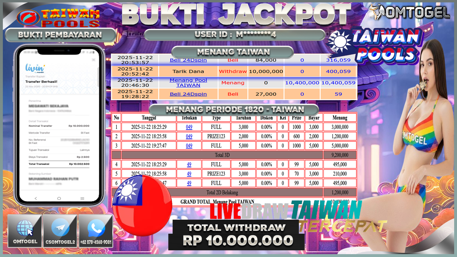 OMTOGEL JACKPOT TOGEL TAIWAN POOLS 4D 3D 2D ,10JUTA DI BAYAR LUNAS ,-