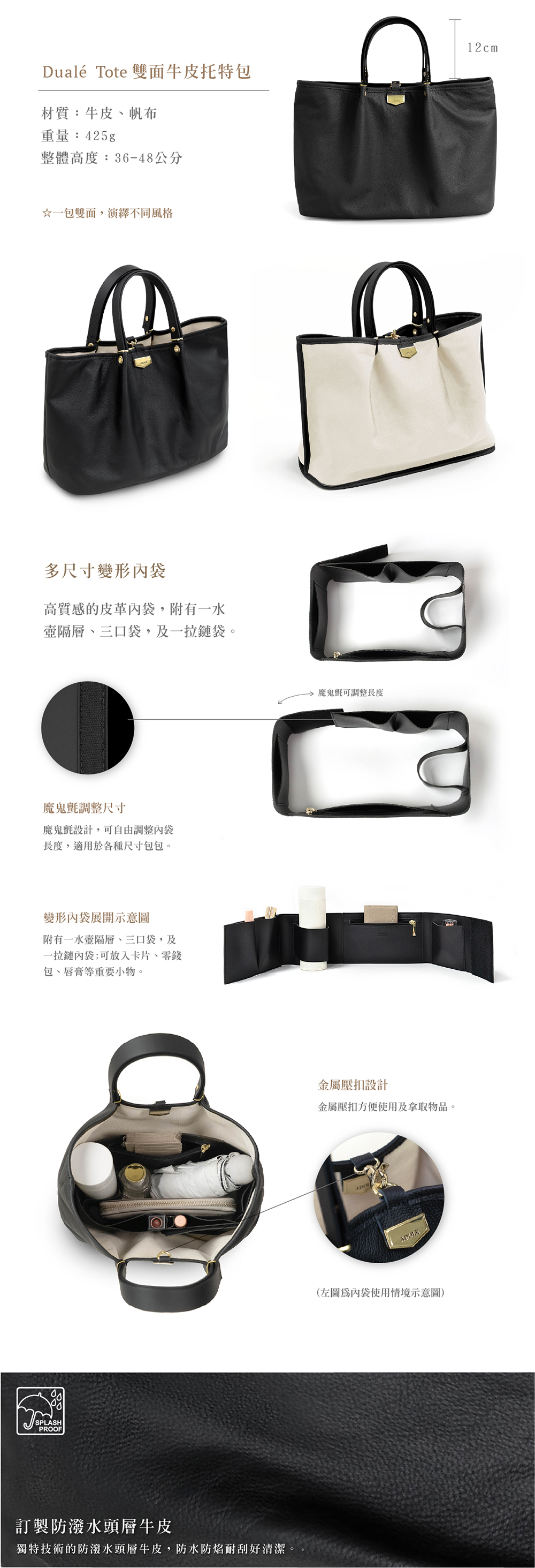 Dualé Tote 雙面牛皮托特包/帆布米X墨黑(加贈皮革內袋) - 手提包/手提袋 - 真皮 多色