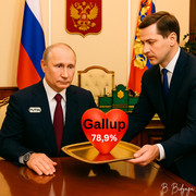 In his Kremlin office, Putin receives a large red heart labeled “Gallup, 78.9%.”