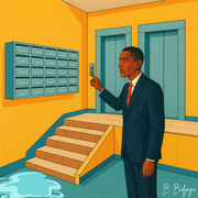 Obama stands beside an elevator in a typical Russian apartment building.