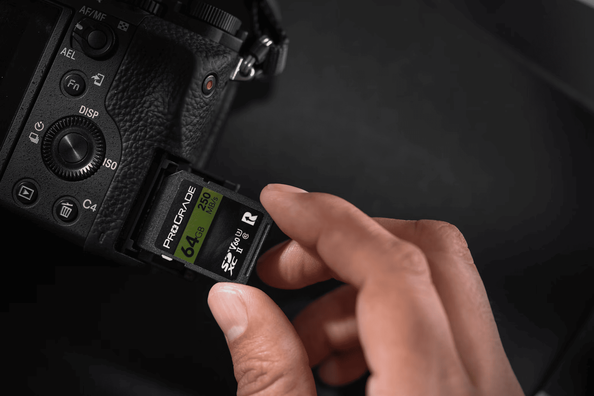 Loading a ProGrade SDXC card into a mirrorless camera