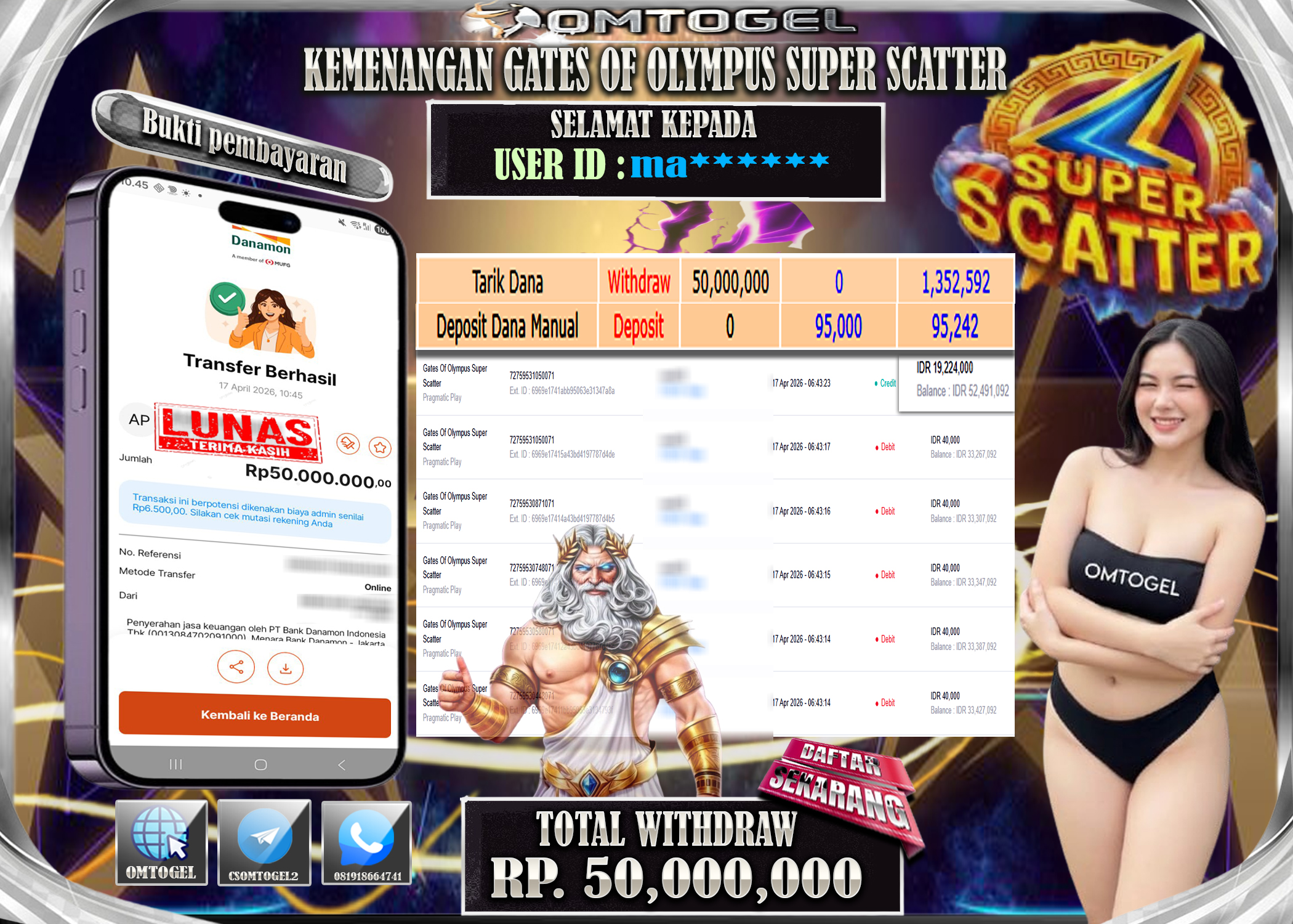 OMTOGEL JACKPOT PRAGMATIC PLAY GATES OF OLYMPUS SUPER SCATTER , 50 JUTA DI BAYAR LUNAS ,-