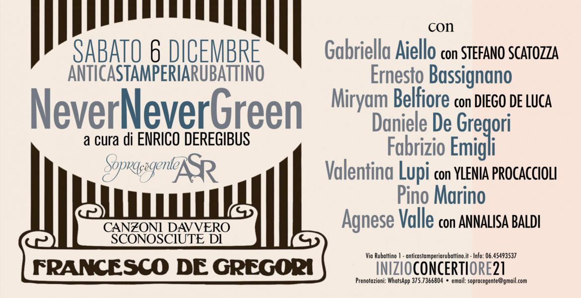 Nevernevergreen: Sabato 6 dicembre a Roma una serata alla scoperta delle canzoni più nascoste di Francesco De Gregori