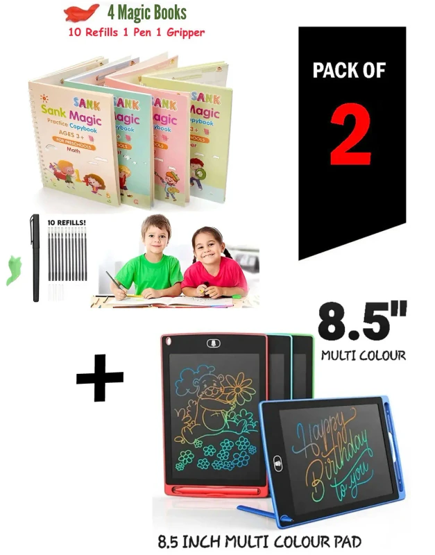 Kids Learning Gift Pack – 8.5″ LCD Tablet + 4 Magic Copybooks