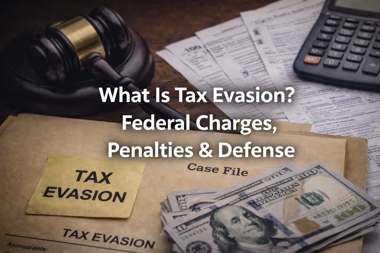 Tax evasion federal charges financial documents and legal concept