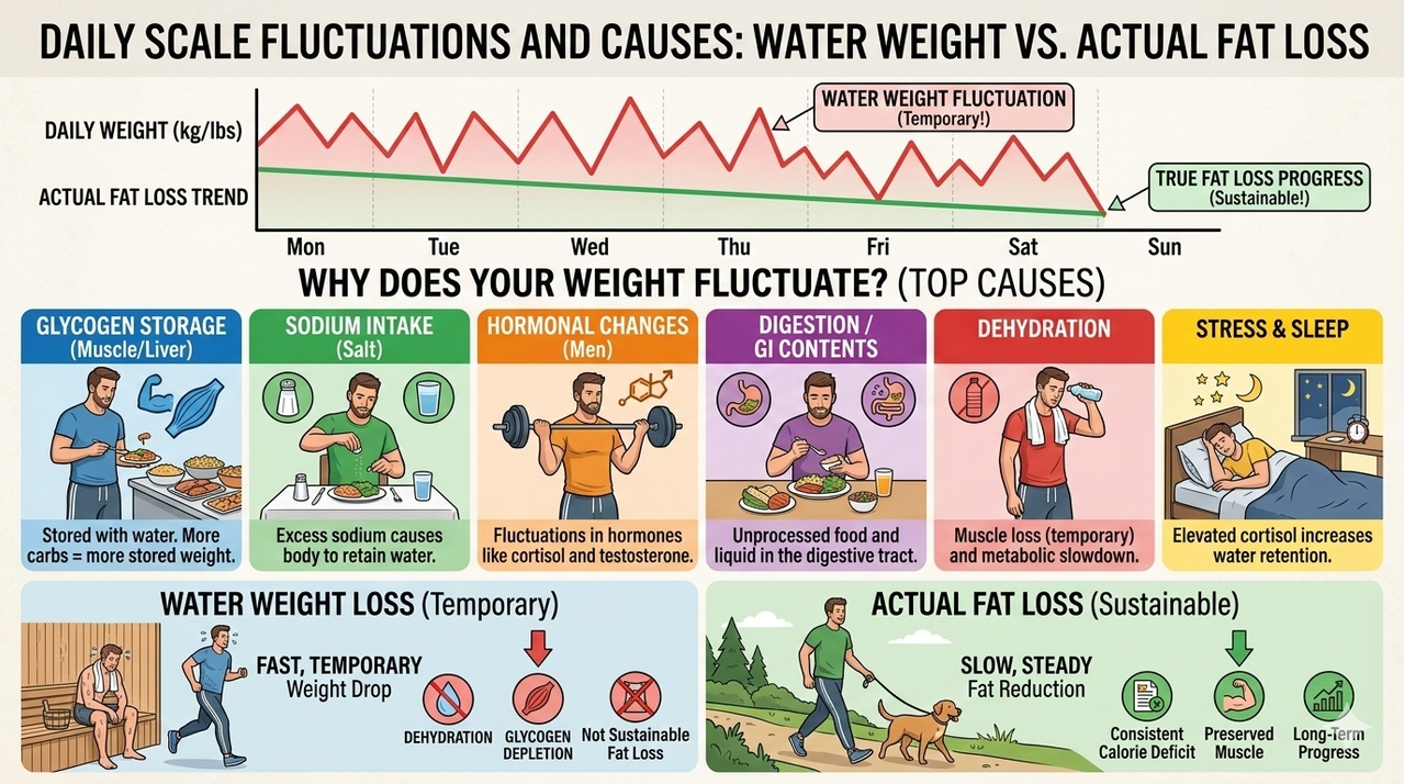 Graphic showing daily scale fluctuations and causes for difference between water weight and actual fat loss