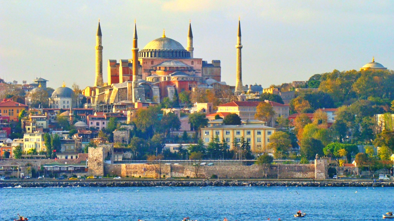 Front view of Hagia Sophia with its grand domes and minarets