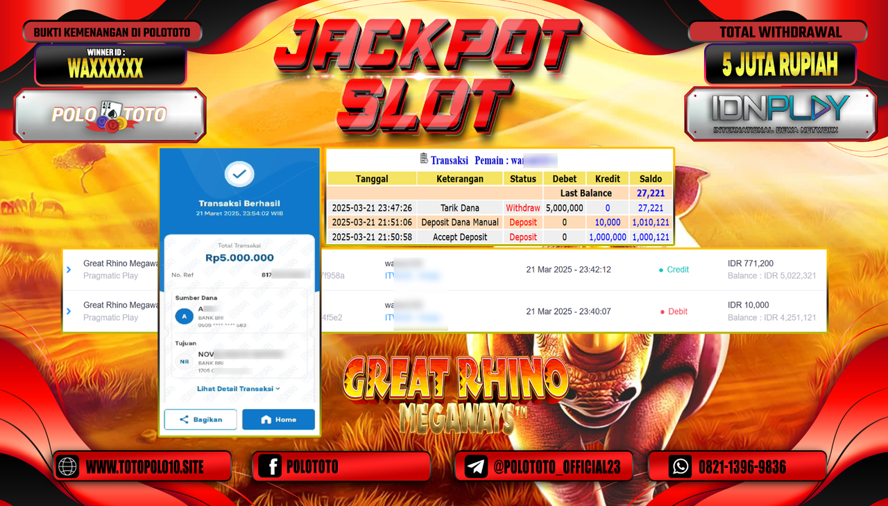 POLOTOTO JACKPOT SLOT GREAT RHINO MEGAWAYS Rp.5.000.000,-