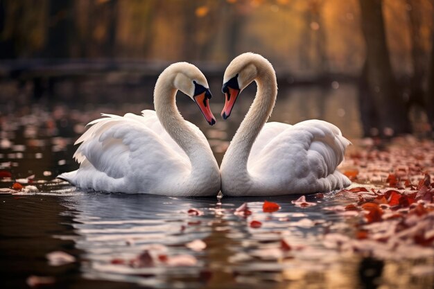 two-swans-love-swimming-autumn-lake-pair-white-swans-heart-shape-floating-pond-323015-5770.jpg