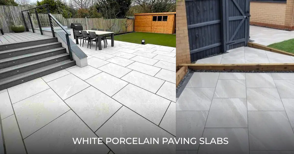 White porcelain paving slabs creating a large garden dining patio and terrace next to a lawn and wooden shed. These bright, minimalist slabs are ideal for modern courtyards and spacious outdoor areas.