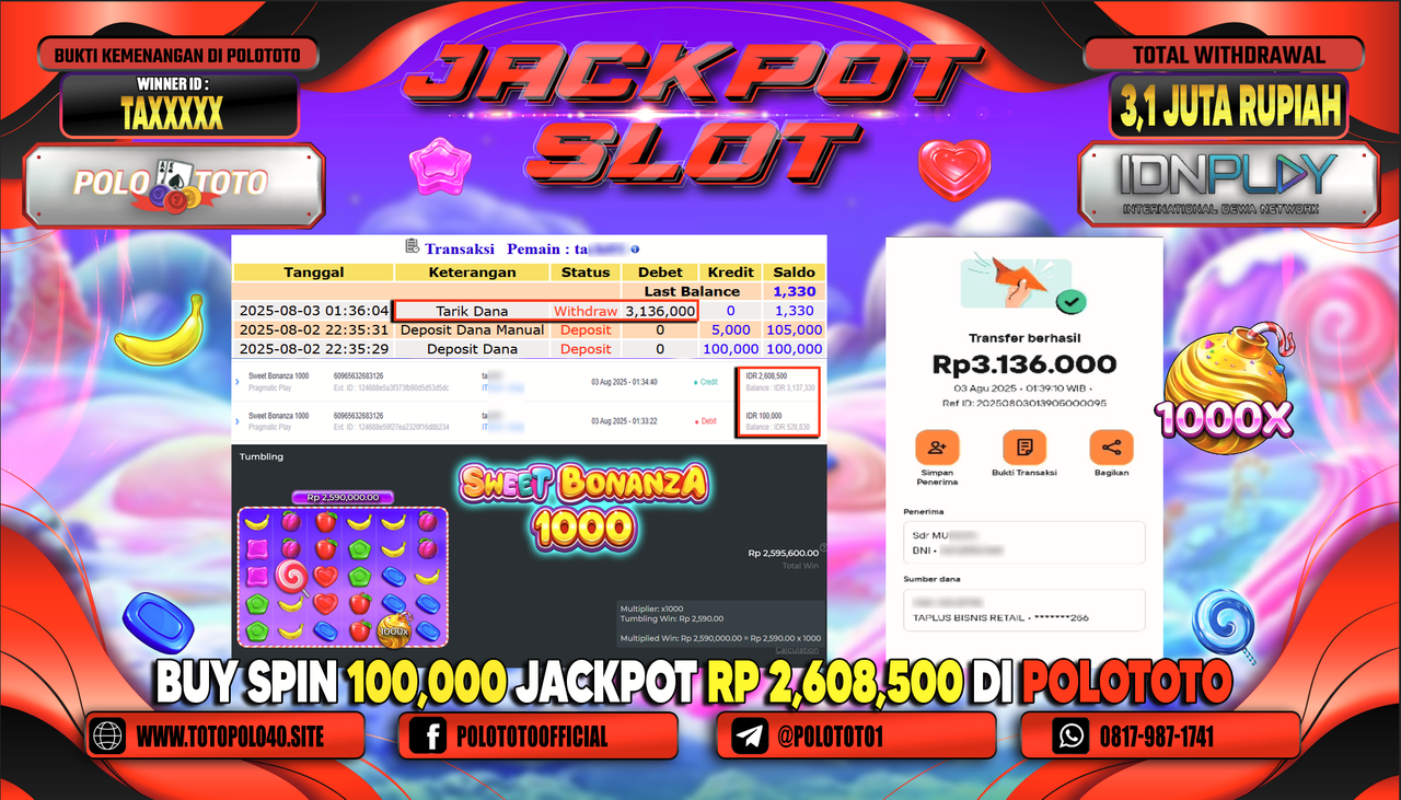 POLOTOTO JACKPOT SLOT SWEET BONANZA 1000 Rp.3.100.000,-LUNAS