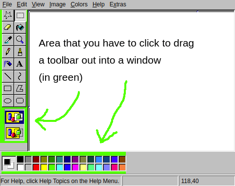 Area that you have to click to drag a toolbar out into a window (in green)