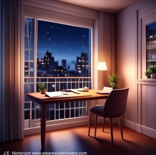 Desk at night with warm lighting and an open window