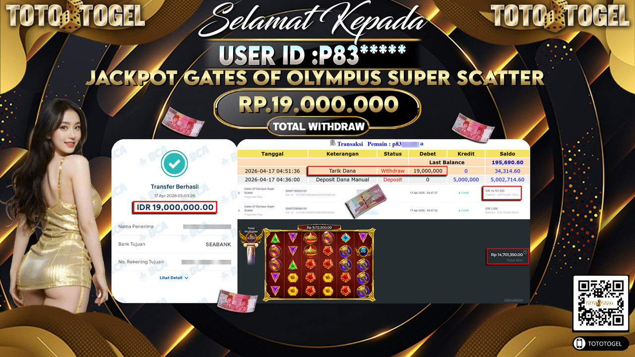 Bukti Pembayaran Jackpot Permainan Slot Gates Of Olympus Super Scatter ID:P83*****LUNAS