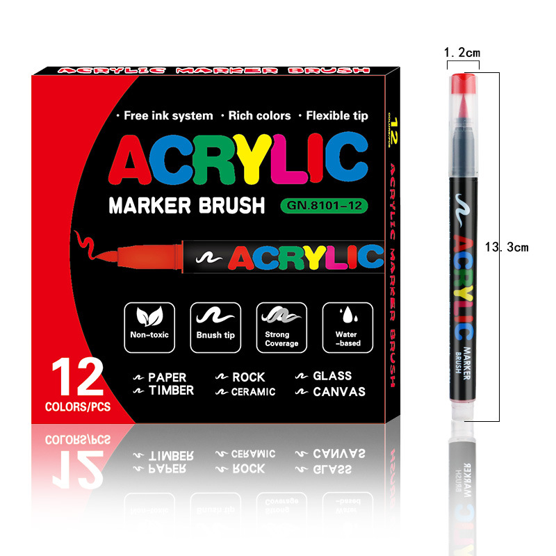 12-Color Liquid Acrylic Paint Markers — Soft Brush Tip| Art & Painting Supplies | Automatic Ink Control System | Suitable for Various Surfaces (Rock, Glass, Wood, Fabric, PP Materials) | Recommended Age: 3+