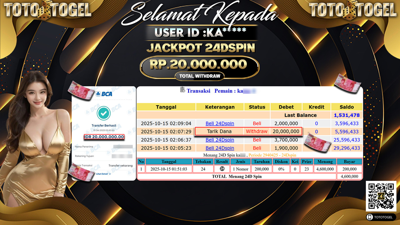 Bukti Pembayaran Jackpot Permainan Live Game 24D Spin  ID:KA**** LUNAS