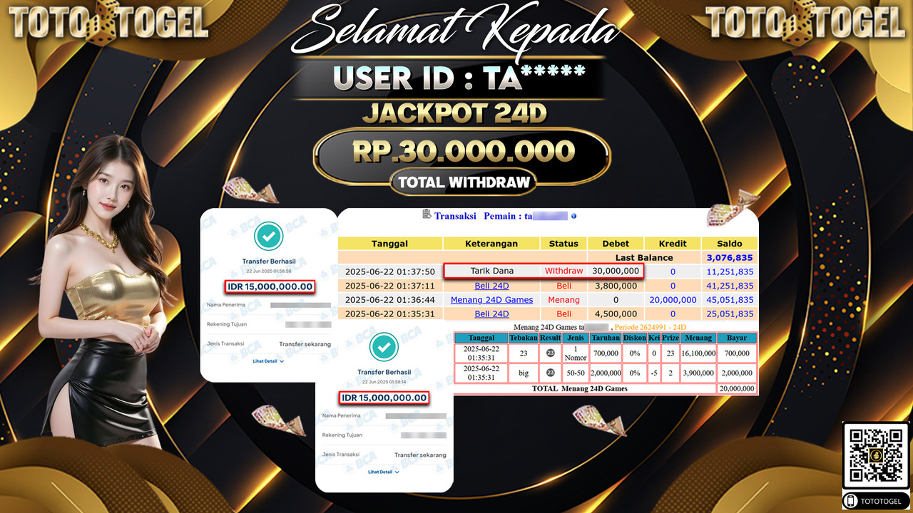 Bukti Pembayaran Jackpot Permainan Live Game 24D ID:TA***** LUNAS