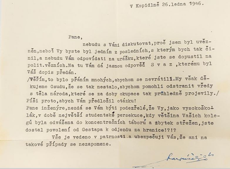 Havlík Karel RAF dopis okresního inspektora Karpíška