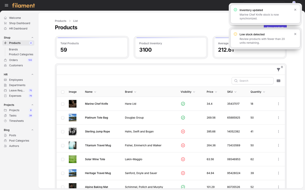 Stature Theme Shop inventory notifications in light mode