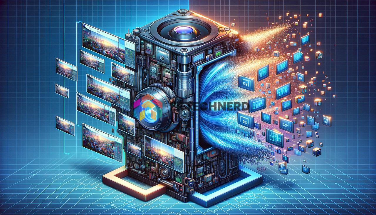 An illustrative depiction of Instagram's video compression process using H264 and AV1 codecs. The image shows a split scene: on one side, the H264 codec in action, depicted as a digital machine analyzing a video frame and visibly removing redundant information, symbolized by disappearing pixels. The other side shows the AV1 codec, represented as a more advanced and sleek machine, compressing a video into a noticeably smaller file size while maintaining high quality, indicated by crisp, clear pixels and data patterns. Between these two sides, various versions of compressed videos float in the air, representing different viewing conditions like thumbnail views and low bandwidth scenarios. The background is a network of data streams and code, highlighting the technical nature of video compression and the evolution from H264 to AV1.