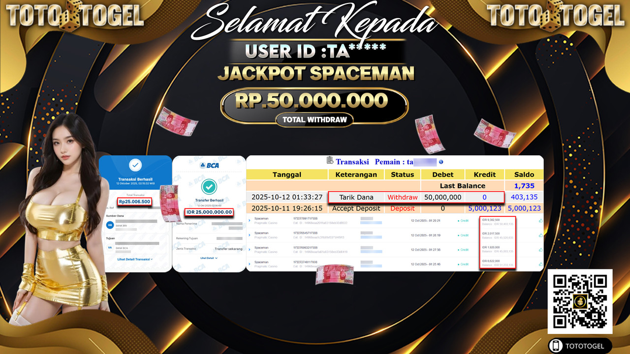 Bukti Pembayaran Jackpot Permainan Slot Spaceman ID:TA**** LUNAS