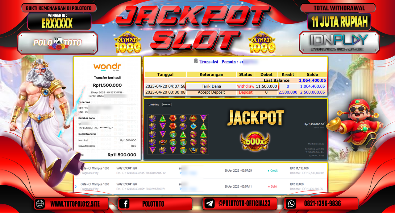POLOTOTO JACKPOT SLOT GATES OF OLYMPUS 1000 Rp.11.500.000,-