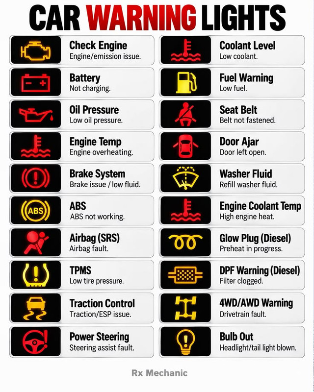 Car warning lights chart with short explanations