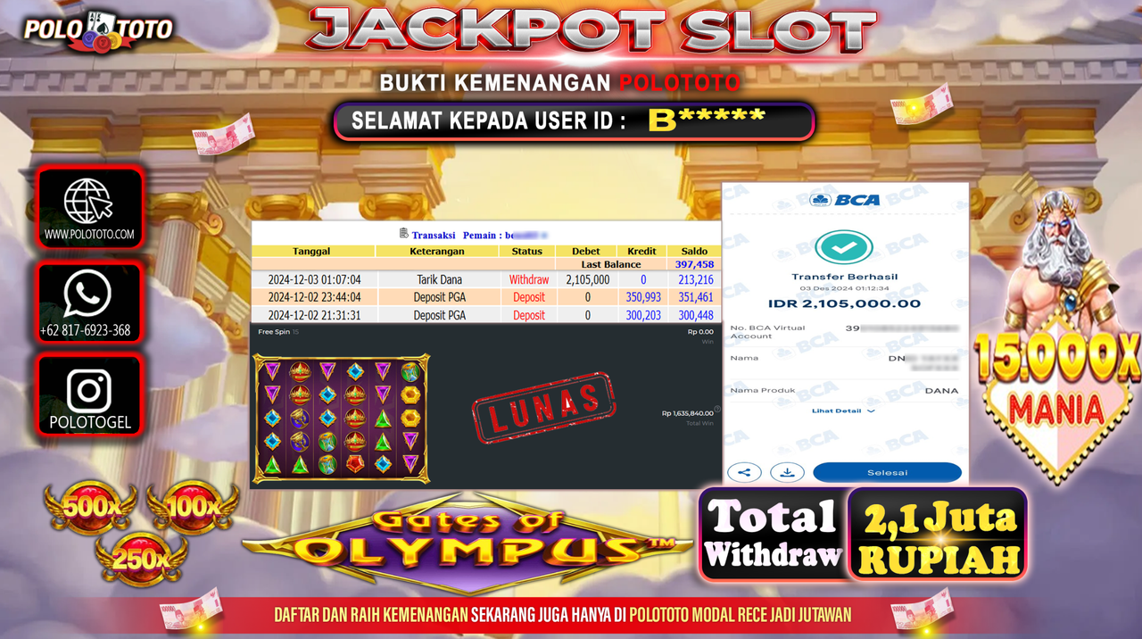 POLOTOTO JACKPOT SLOT 15000x MANIA Rp.2,105.000,-