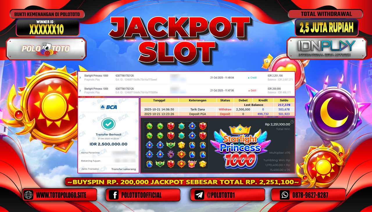 POLOTOTO JACKPOT SLOT STARLIGHT PRINCESS Rp.2.500.000,- LUNAS