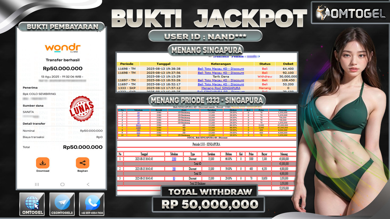OMTOGEL JACKPOT SINGAPURA 4D 3D 2D 50 JUTA DI BAYAR LUNAS ,-