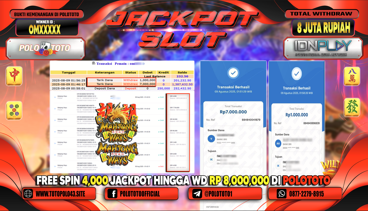 POLOTOTO JACKPOT SLOT MAHJONG WAYS Rp.8.000.000,-LUNAS