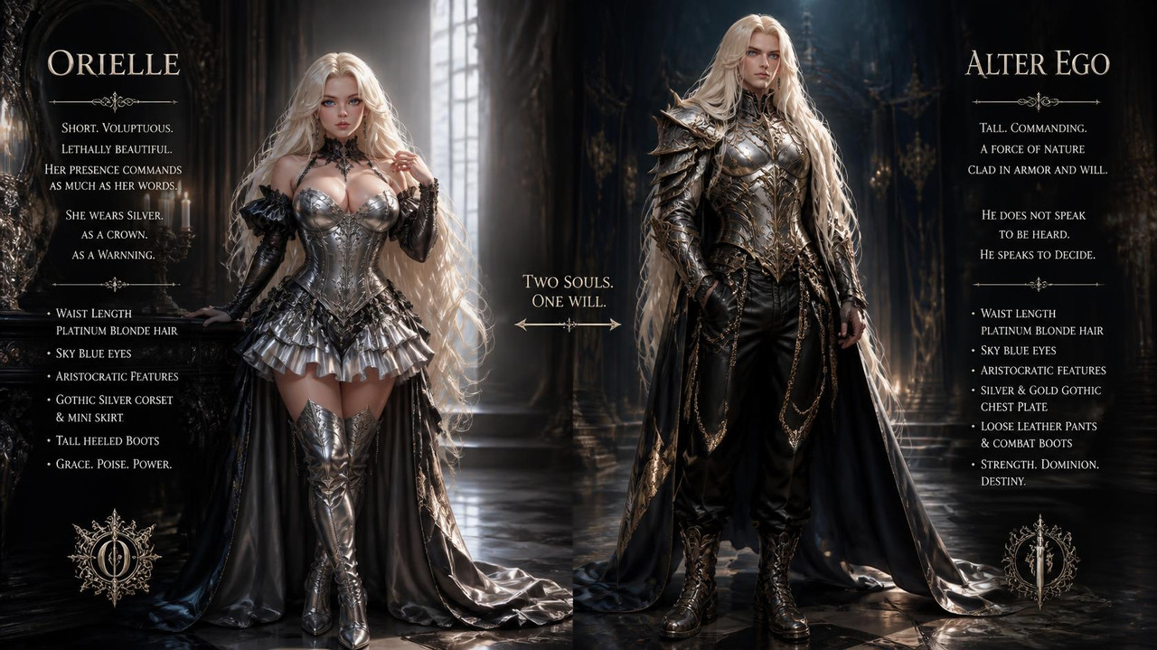 Orielle is as Short voluptuous female in Gothic corset and a short skirt made of silver with Tall h