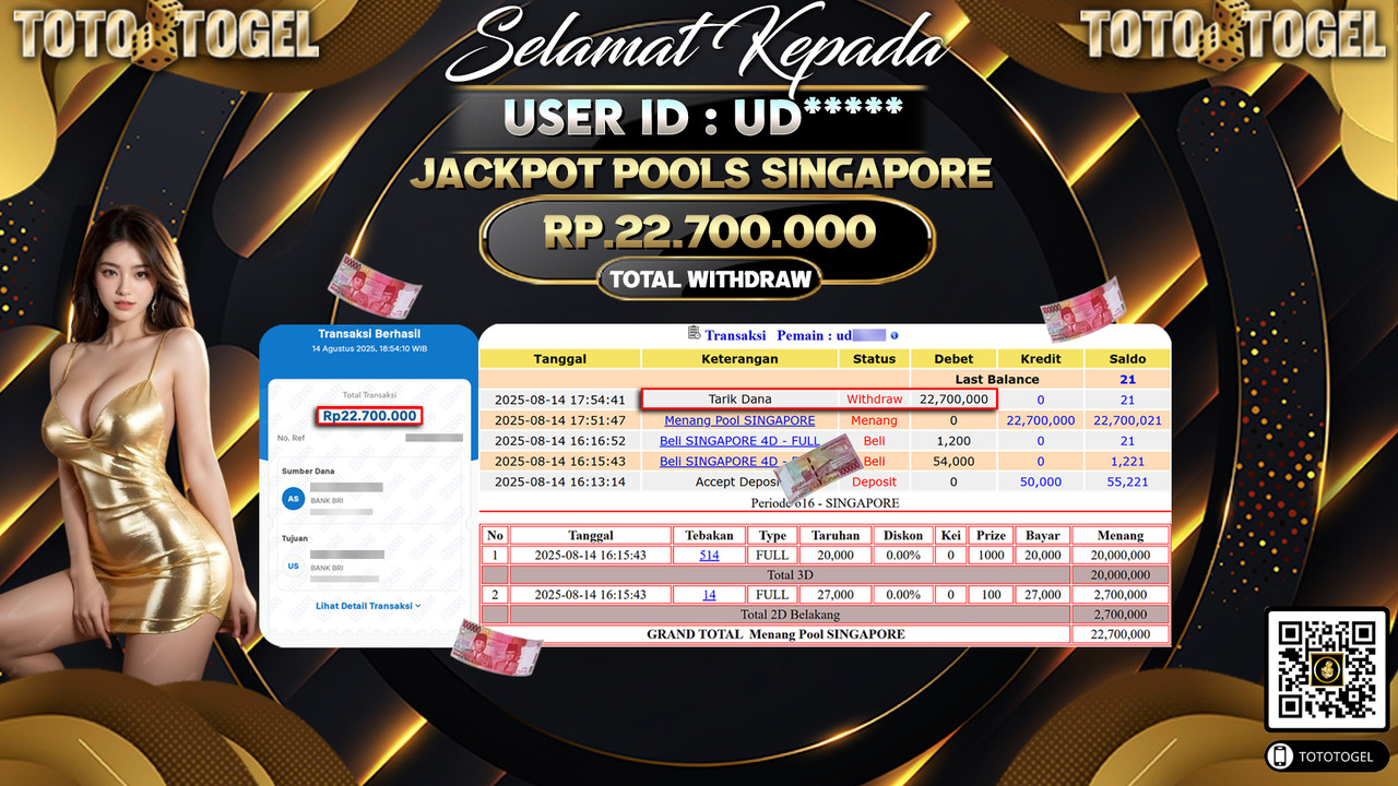 Bukti Pembayaran Jackpot Permainan Togel Pools Singapore ID:UD***** LUNAS