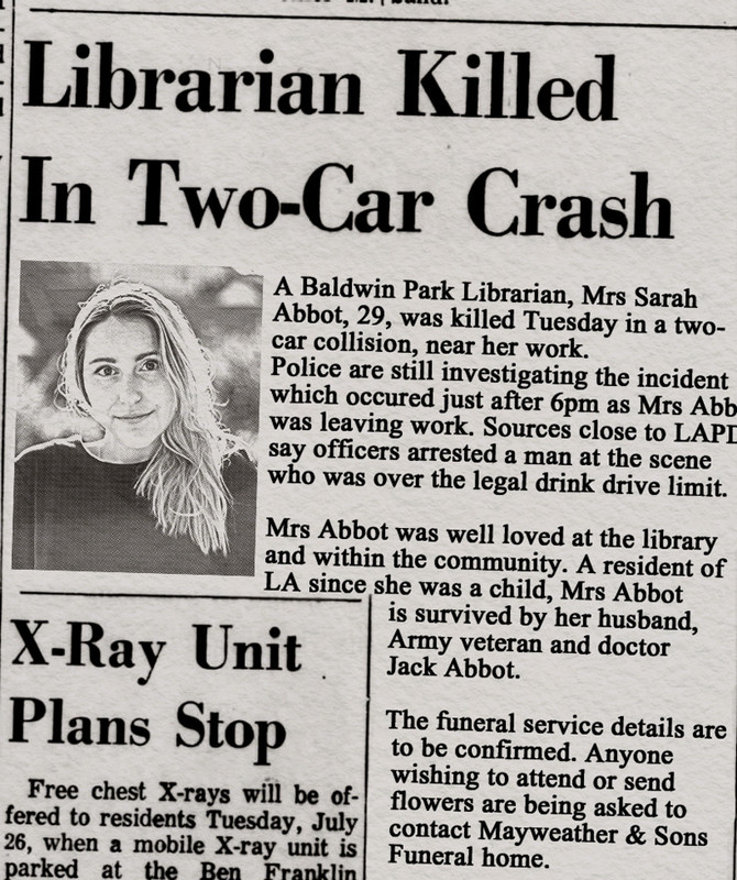 Newspaper cutting of the tragic death of Jack's wife Sarah in a car accident