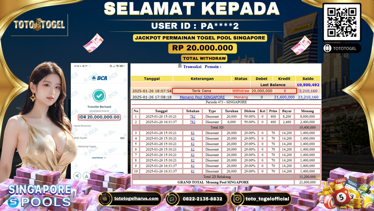Bukti Pembayaran Jackpot  Permainan Togel Pool Singapore  ID:PA****2  LUNAS