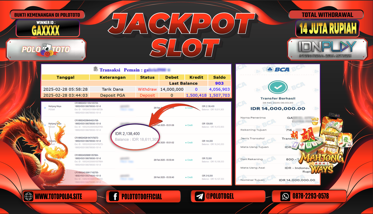 POLOTOTO JACKPOT SLOT MAHJONG WAYS Rp.14.000.000,-