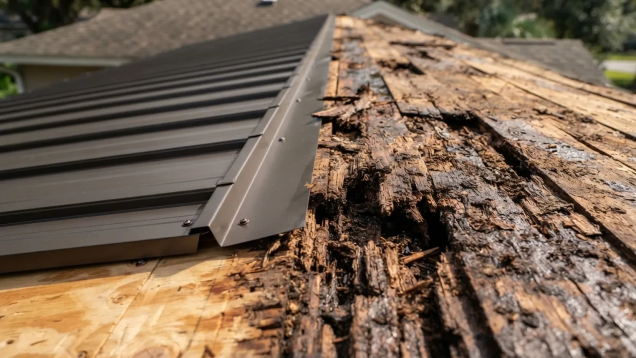 Rotted roof decking discovered during metal roof installation San Antonio TX