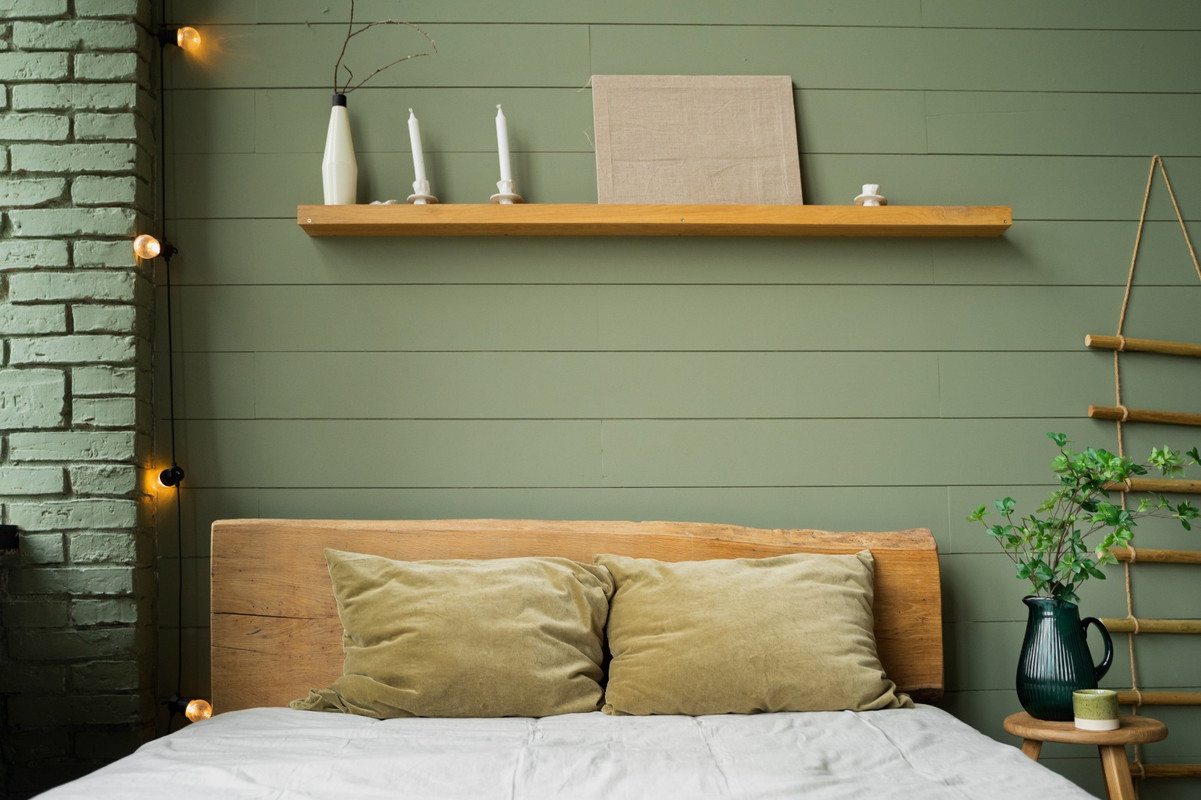 Contemporary Olive Green Bedroom Wall Design With Trims