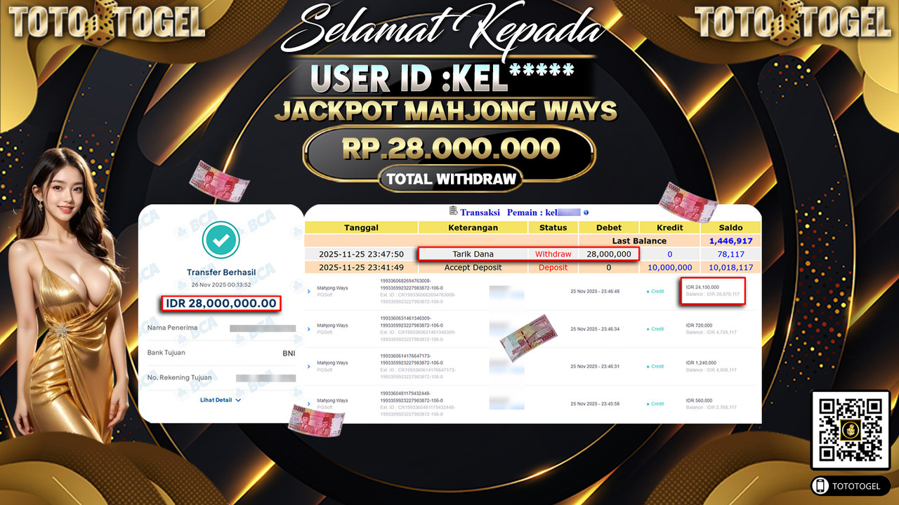 Bukti Pembayaran Jackpot Permainan Slot Mahjong Ways ID:KEL***** LUNAS