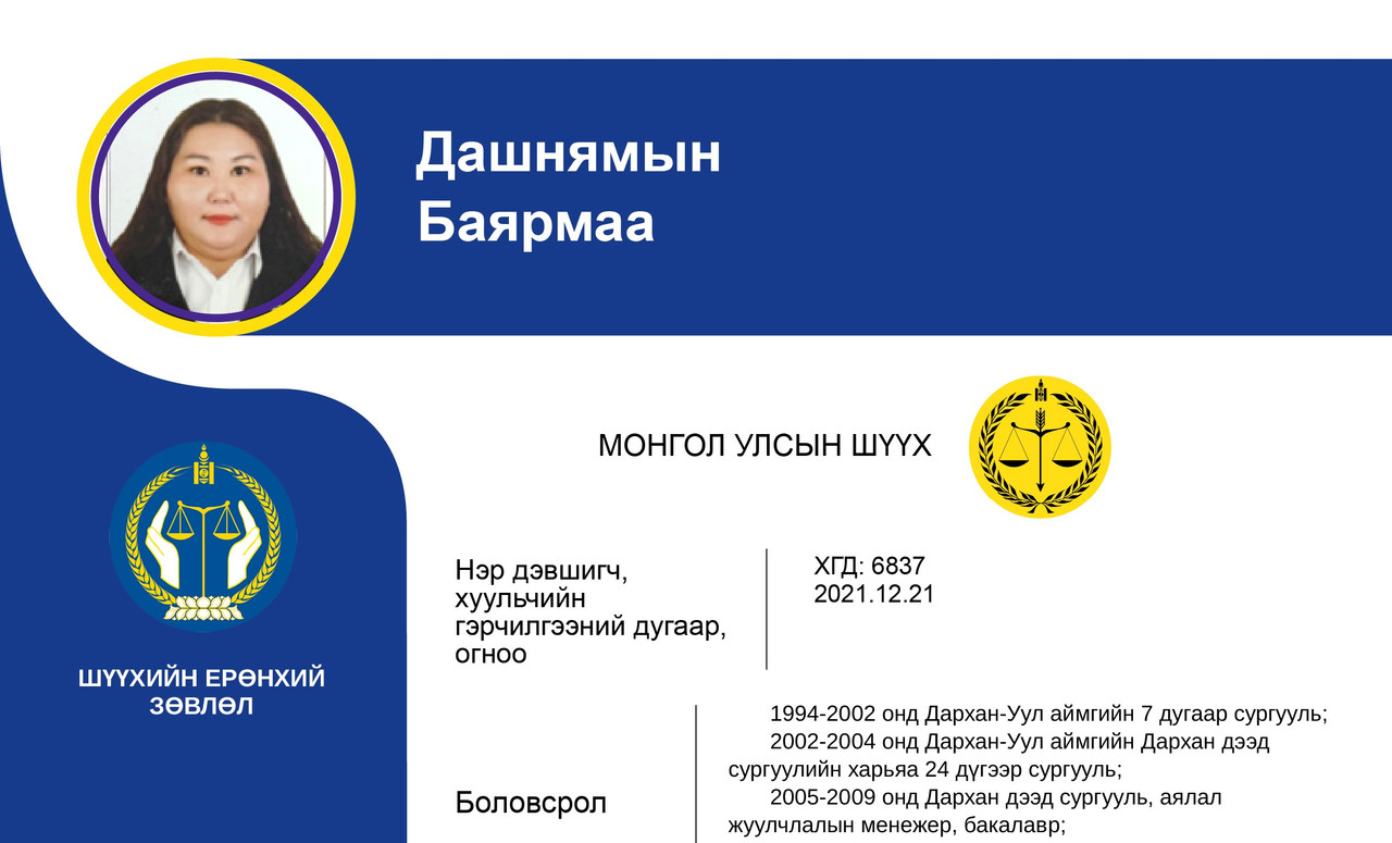 Эрүү, Иргэний хэргийг харьяалан шийдвэрлэх анхан шатны шүүхийн шүүгчид нэр дэвшигч Д.Баярмаагийн мэргэжлийн үйл ажиллагааны танилцуулга
