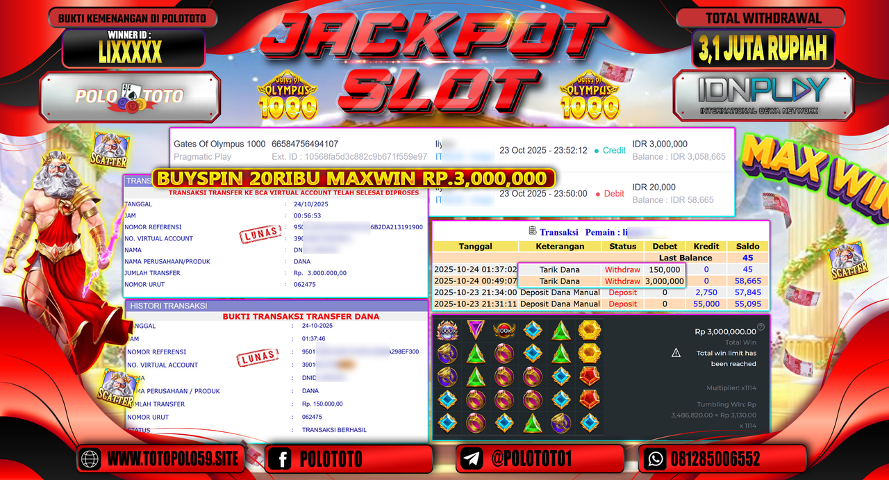 POLOTOTO JACKPOT SLOT GATES OF OLYMPUS 1000 Rp.3.100.000,- LUNAS