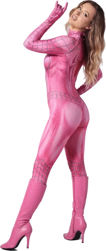 Mari G posing in her pink Halloween costume and heeled boots