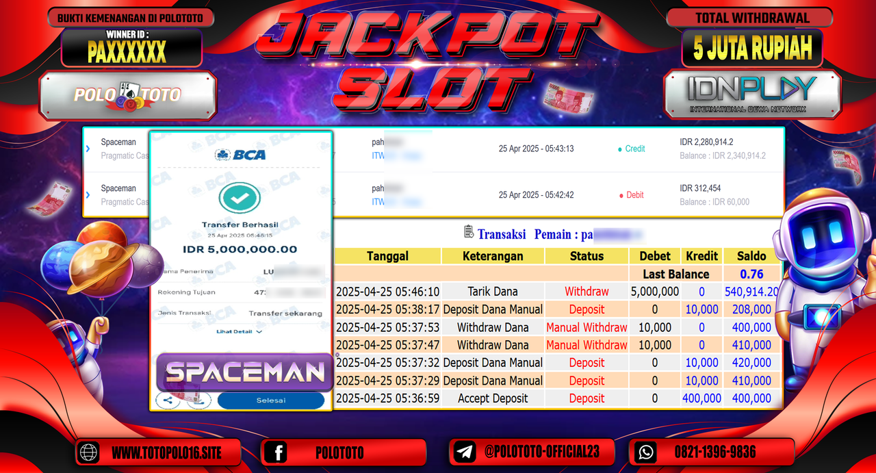 POLOTOTO JACKPOT SLOT SPACEMAN Rp.5.000.000,-