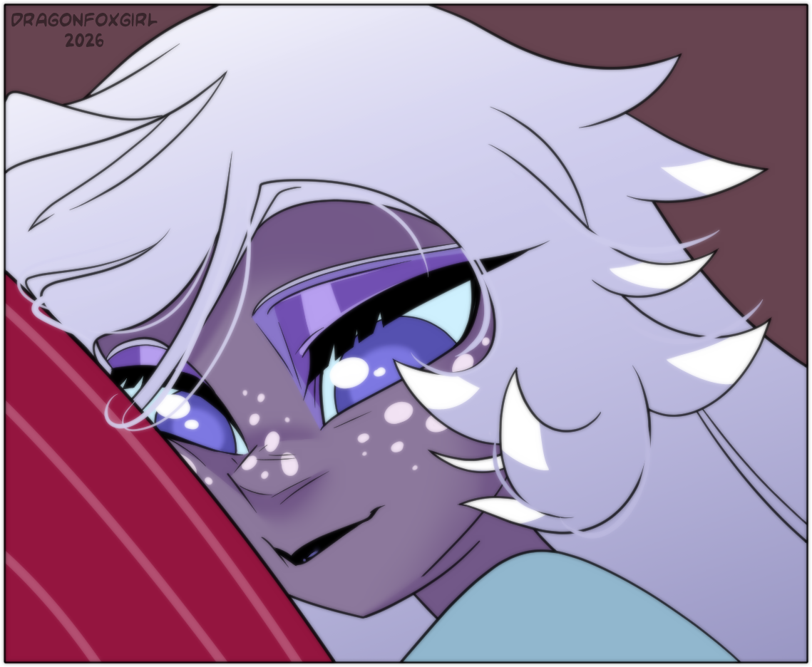Emily resting her head on Alastor chest while she listens to him.